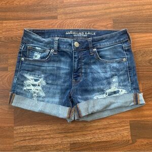 American Eagle Outfitters Super Super Stretch X Distressed MIDI Jean Shorts Sz 8